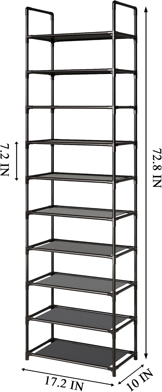 10-Tier Tall Shoe Rack for Closet, Entryway, Adjustable Sturdy Durable Shoe Shelf,Narrow Shoe Stand Organizer (17.2" W×10" D×72.8" H,Black)