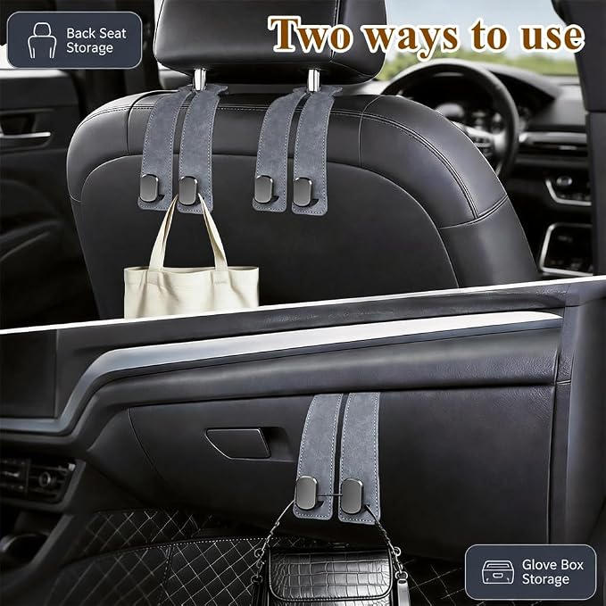 2-Pack Car Hanging Hooks for Car Seat Back & Glove Box, Grey | Dual-Use Purses & Bags Hanger for Car With Metal Hooks - Keep Floor & Seats Clutter-Free, Car Interior Organizer Accessories