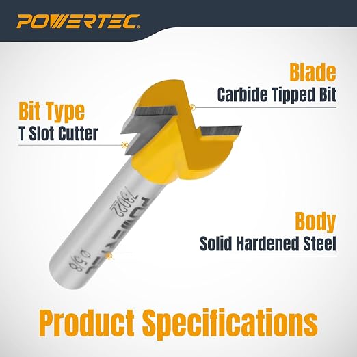POWERTEC T Slot Router Bits 1/4 Shank, Carbide Tipped T Track and Slatwall Router Bit, Router T Bit, Wood Groove Milling Cutter, Forming Woodworking Tool, 5/8" Dia. x 3/16" Height - 2PK, 73022-P2