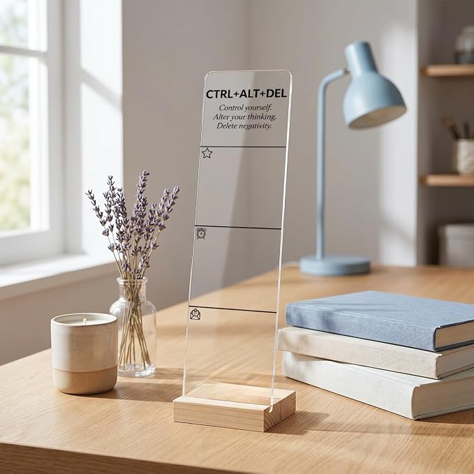 Sticky Note Holder, Monitor Memo Board, Sticky Note Board for Desk, Acrylic Desk Buddy with Wooden Base, Includes 200 Notes, Inspirational “Control Yourself Alter Your Thinking Delete Negativity”