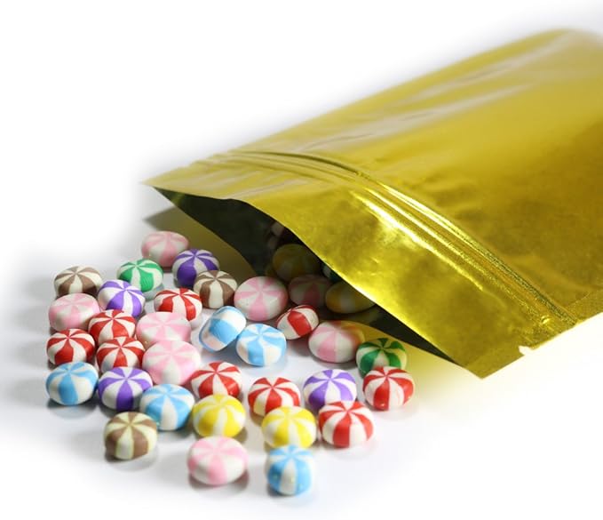 100PCS Customized Resealable Mylar Bag Foil Flat Packaging Bag with Tear Notch,Single-Color Printing for LOGO,QR Code,Text (Gold, 10 * 15CM/4.0"*6.0"-100PCS-One Color Print)