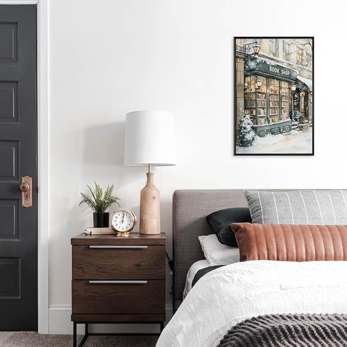 Winter Book Shop New York Book Lover Art Aesthetic Poster Canvas Wall Art Decoration Living Room Home Decor Bedroom Decoration Poster black framed20x30inch