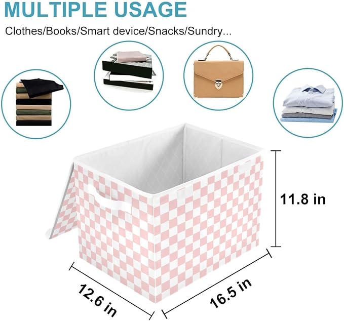 CaTaKu Large Fabric Storage Bins With Lids,Pink Checkered Racing Storage Boxes With Handles for Organizing Clothes, Collapsible Storage Cube Bins Baskets for Shelves