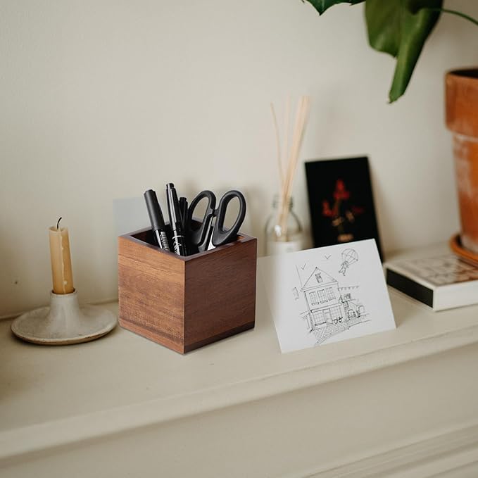 LBEMEY Remote Control Holder Caddy, Farmhouse Acacia Wood TV Remote Holder, Vintage Desk Caddy, Remote Organizer for Table (Brown - for 2 or 3 Remote Controls)