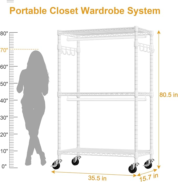 ULIFHOME P1 Rolling Clothes Rack Heavy Duty, Metal Closet Clothing Rack with Lockable Wheels, Portable Wardrobe Closet for Hanging Clothes, 35.5" W x 15.7" D x 80.5" H, Hold 500lbs, White