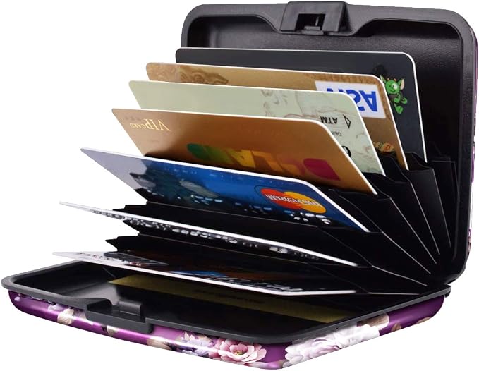 Credit Card Holder for Women,RFID Blocking Slim Hard Mini Flowers Card Case ID Case Travel Wallet Purple