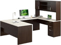 Bestar U Shaped Desk with Drawers, Hutch, and Keyboard Tray, Executive Workstation for Home or Professional Office, 65 Inches, Ridgeley Collection, White Chocolate