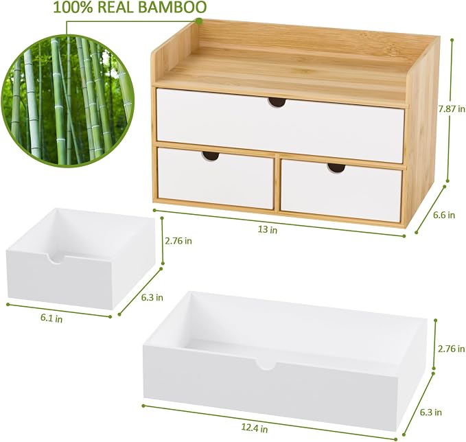 Bamboo Desk Organizer with Drawers, Desktop Storage for Office Supplies | 3 Drawers Desktop organizer, No Assembly Required, Natural Wood Wooden Desktop Drawers Box for Bills, Cosmetics, Seals, Paper