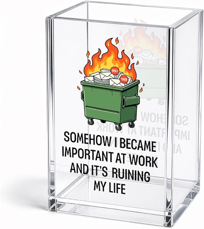 Somehow I Became Important At Work Funny Acrylic Pencil Holder Cup | And It's Ruining My Life, Sarcastic Dumpster Fire Gifts for Coworker Friend, Workplace Humor Decor Gifts, Desk Organizer