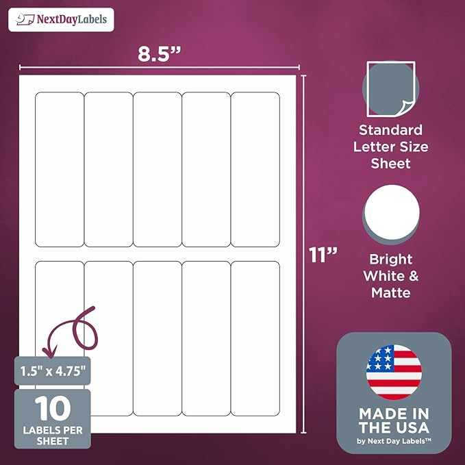 NextDayLabels 1.5x4.75 Inch Rectangle Stickers White Blank Labels for Laser Inkjet Printer - 10 Per Sheet Self-Adhesive Unique Size Label Made in USA - 500 Labels