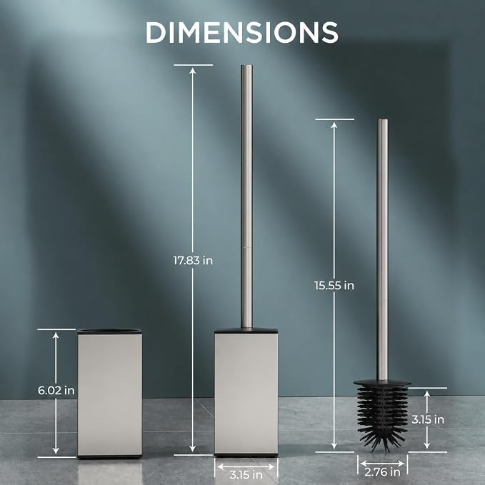 FORIOUS Toilet Brush, 2 Toilet Bowl Brush Head Square Short Brushed Nickel | Heavy Duty 304 Stainless Steel Base, Silicone and Plastic Brush Heads, 360° Deep Cleaning, Drip-Proof, Splash-Proof Design