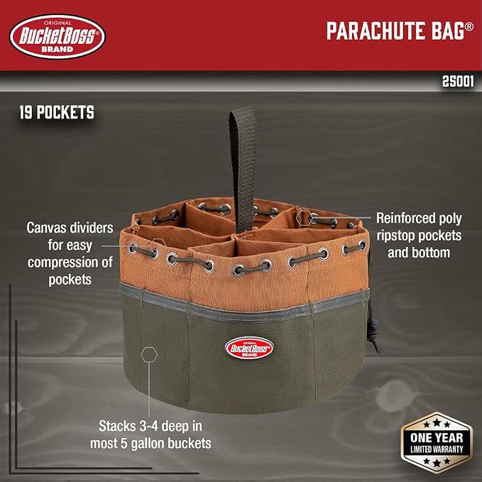 BucketBoss 25001 Canvas Organizer Parachute Bag with 19 Pockets for Nails,Screws, and Bolts in Brown