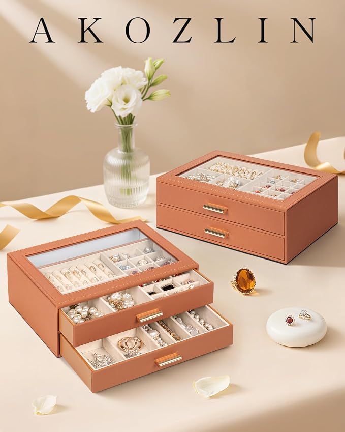 AKOZLIN Jewelry Box with Clear Lid Functional Leather Jewelry Storage Organizer Case 2 Drawers for Women Girls Necklace Ring Bracelet Earring