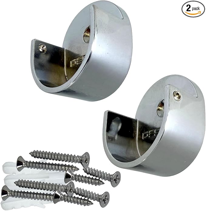 Closet Rod Support Flanges with Screw On Attachment | Heavy Duty Clothes Pole End Sockets for Wardrobes |Polished Chrome | 2 Pair