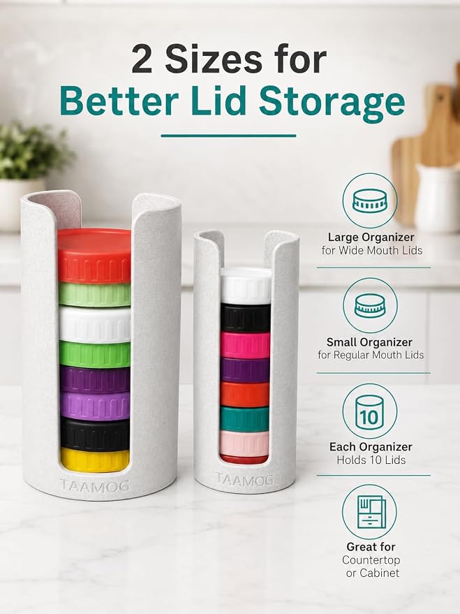 2Pcs Mason Jar Lid Organizer - 3D Printed Marble Canning Lid Storage Rack for Wide & Regular Mouth Lids, Stackable Kitchen Cabinet & Countertop Holder, Fits Reusable Canning, Yeti Lids - Marble White