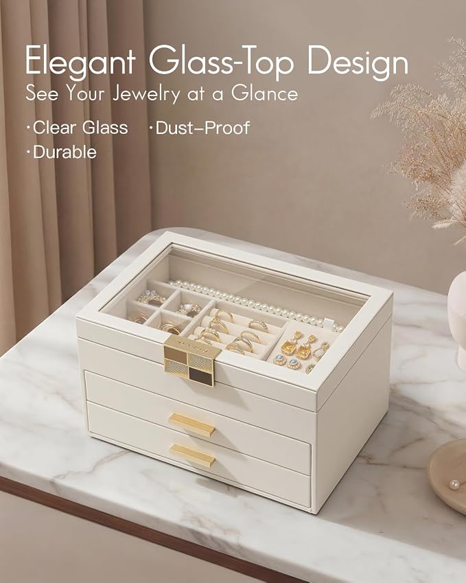 VLANDO Jewelry Box Organizer for Women, 3-Layer Jewelry Storage Case with Glass Lid, Gold Handle, 2 Drawers for Rings, Earrings, Necklaces and Bracelets - Cloud White