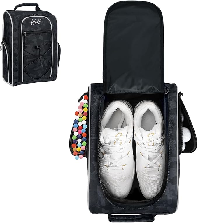 Wolt |Golf Shoe Bag for Travel- Zippered Shoes Carrier Bags with Ventilation & Double Outside Accessory Pocket for Socks, Tees, Golf Balls, Etc. for Women and Men (CamoBlack)