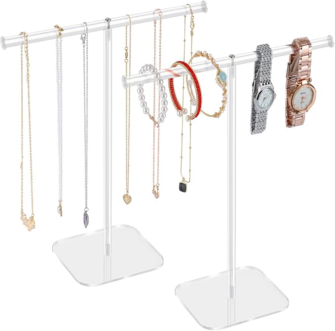 Jewelry Stand Necklace Stand 2 Tower, Clear Necklace Holder, Jewelry Holder | Acrylic Jewelry Organizer, Bracelet Hanging Organizer, Display Stand for Bangles, Rings, Earrings and Watch