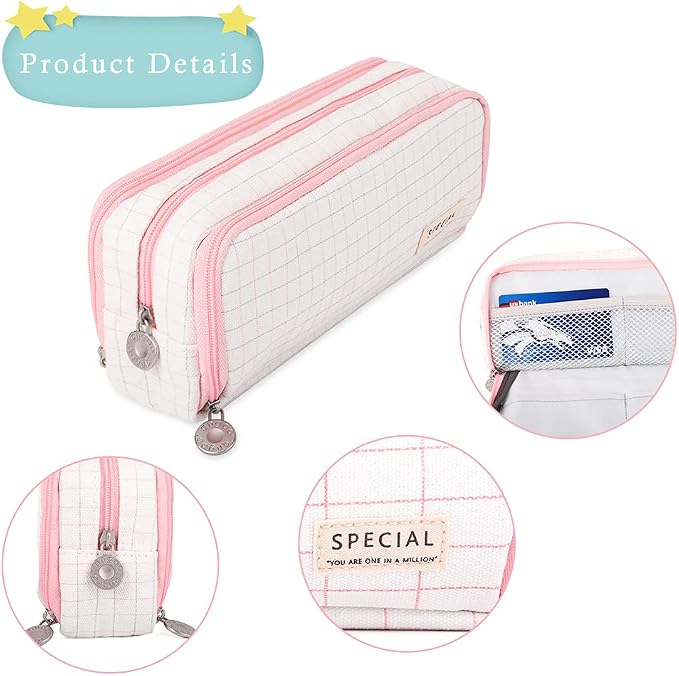 iSuperb Large Pencil Case Big Capacity Pencil Pouch 3 Compartments Pen Bag Canvas Marker Pen Bag for Teen Boys Girls School Students (Plaid Pink)