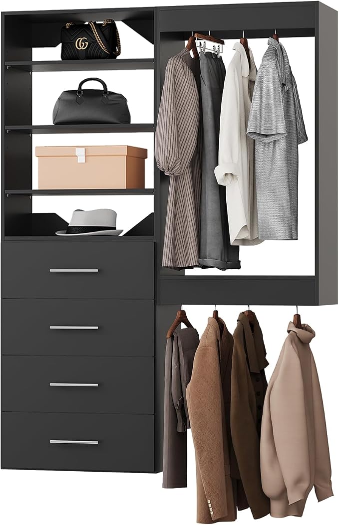 ROOMTEC Modular Closet System, 61" Wall-Mounted Closet Organizer with Drawers and Hanging Rods, Wooden Tower for Walk-In Closets, Wardrobe Storage Kit, Black