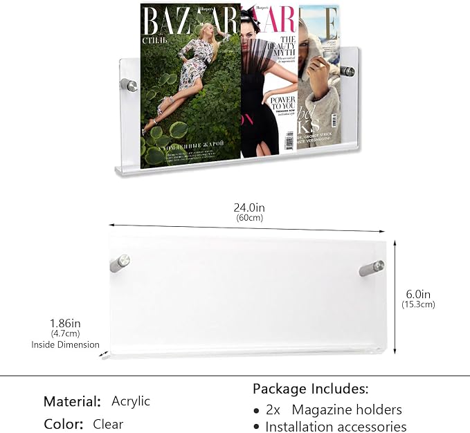 2-Pack Clear Acrylic Magazine Holder Brochure Holder, 24 Inch Hanging Magazine Rack with Hardware, Floating Bookshelf Brochure Display Organizer for Home, Office, Reception Area
