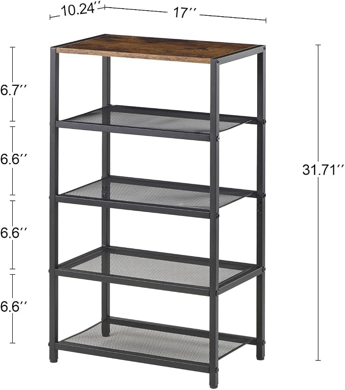 Tall Narrow Shoe Rack for Entryway Closet,5-Tier Shoe Storage Shelf | Small Vertical Shoe Organizer Wood, Sturdy Metal Mesh Shelves, Wooden Table Top, Holds 10 Pairs, for Front Door Entrance