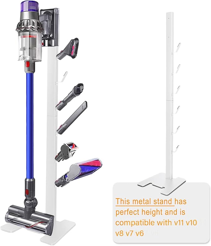 XIGOO Dyson Vacuum Stand for Gen5 Detect V15 V12 V11 V10 V8 V7 V6 | Vacuum Stand for Dyson Cordless Vacuum Cleaners and Accessory, Heavy-Duty Metal Bracket Holder with 6 Hooks, White