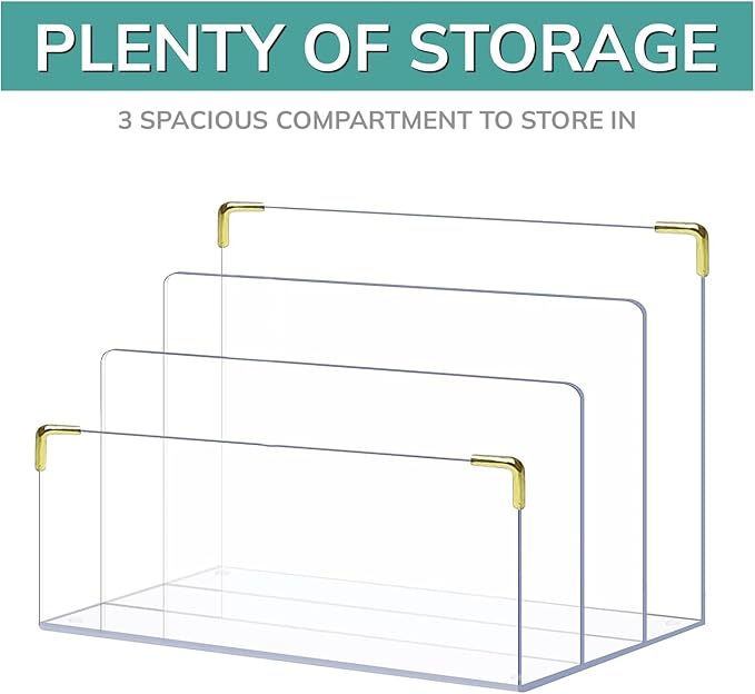 pbf Acrylic File Holder | Clear File Organizer for Desk w/ Gold Accents | Acrylic Desk Organizer, Folder Holder, Mail Sorter, File Stand, Magazine Divider, Laptop, Notebook, & Letter Organizer