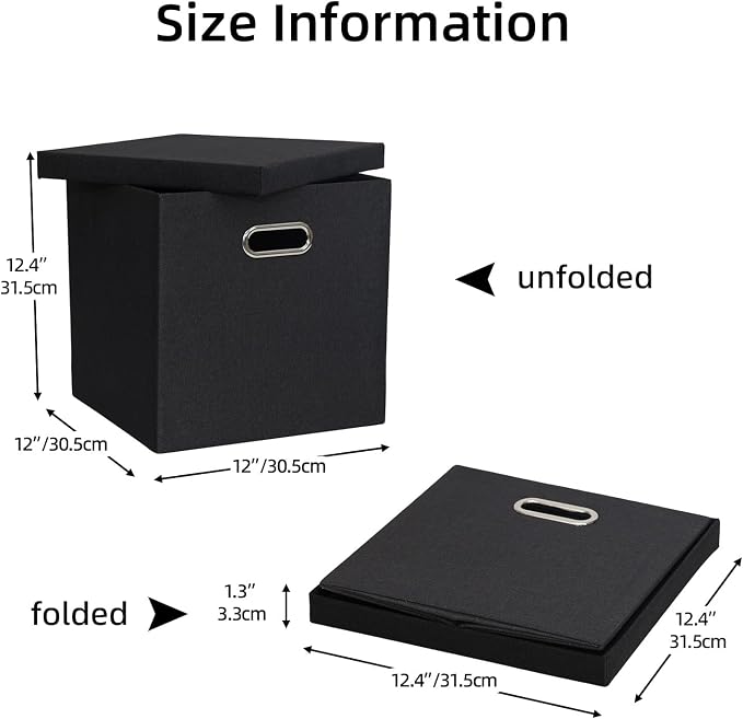 Storage Bins with Lids, Linen Fabric Boxes Organizer Containers with Lid Foldable Storage Box Basket for Closet, Shelves, Home, Office,12 x 12 x 12 Inch, 4 Pack, Black, AG3006-7