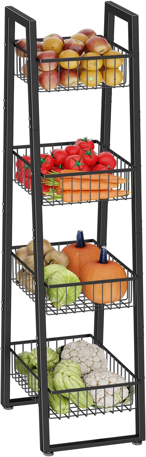 Simple Trending 4 Tier Wire Market Basket Standw, Fruit Basket Storage Stand for Vegetables, Bread, Onions, Potatoes, Black