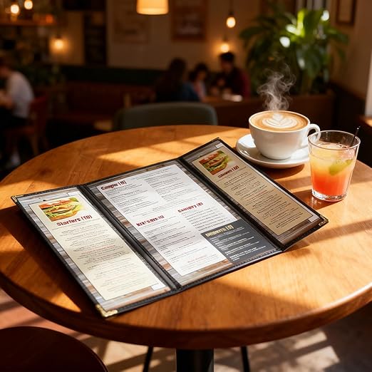 Goodsmart Restaurant Menu Covers – 25 Pack Black Trifold 6-View, Side-Loading Menu Holders, Vinyl & Plastic Café Menu Covers, Clear Menu Sleeves, Fits 8.5" x 11" & 4.25" x 11", Gold Corners