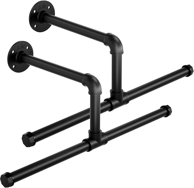 ERYTLLY Industrial Pipe Wall Mounted Clothes Rack,21.2 Inches Heavy Duty Detachable Garment Rack,Multi-purpose Hanging Rod for Closet,Set of 2,Black