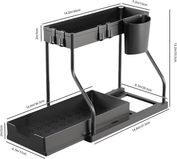 Under Sink Organizers and Storage, 2-Tier Sliding Cabinet Basket Organizer with Hooks, Multi-Purpose Under Sink Organizers and Storage for Bathroom Kitchen (White, 1 PC)