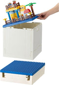 SHIMOYAMA Folding Storage Box with Building Lid for Duplo Blocks, 26 Qt. Foldable Toy Container, 25L Collapsible Storage Bin with Building Baseplate for Lego Bricks, Blue