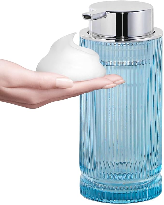 Foaming Soap Dispenser, Glass Foam Hand Soap Dispenser with Pump, 14 Oz Bathroom Refillable Liquid Lotion Pump Ribbed Bottle Container for Kitchen Countertop Decor (1, Blue Silver)