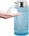Foaming Soap Dispenser, Glass Foam Hand Soap Dispenser with Pump, 14 Oz Bathroom Refillable Liquid Lotion Pump Ribbed Bottle Container for Kitchen Countertop Decor (1, Blue Silver)