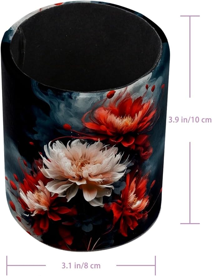 Vintage Red and White Flower Pen Holder Pencil Organizer for Desk, 3.1” x 3.1” x 3.9” Pencil Cup Office Supplies, Large Capacity Cute Pen and Makeup Brush Holder for Home, School, Desktop