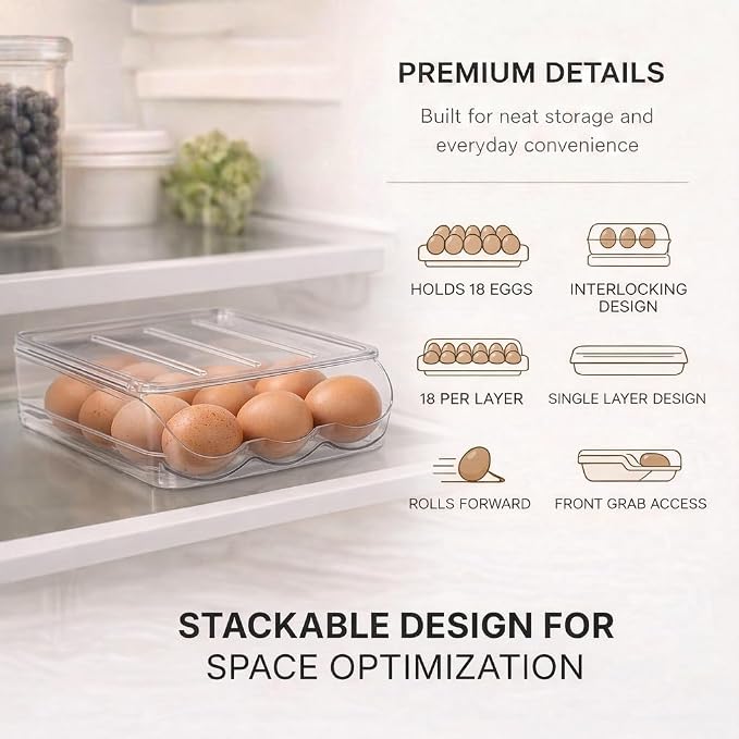 Egg Holder for Fridge with Rolling Auto Dispense, Egg Dispenser for Refrigerator, Stackable Egg Organizer for Refrigerator, Holds 18 Eggs, Clear Space Saving Storage Container for Kitchen Use