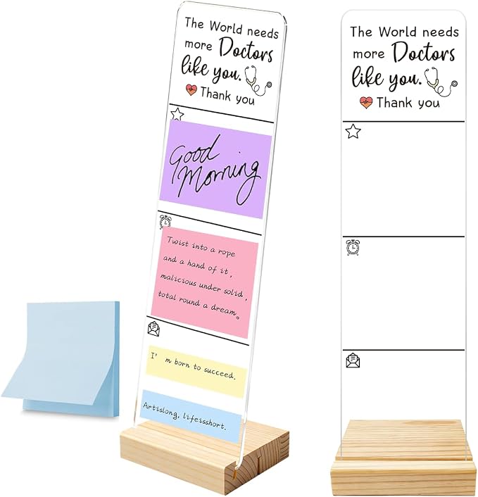Sticky Note Holder, Monitor Memo Board, Acrylic Post It Note Holder with Wooden Base, Includes 100 Notes, Thank You Doctor Desk Organizer, Doctor Quote “The World Needs More Doctors Like You”