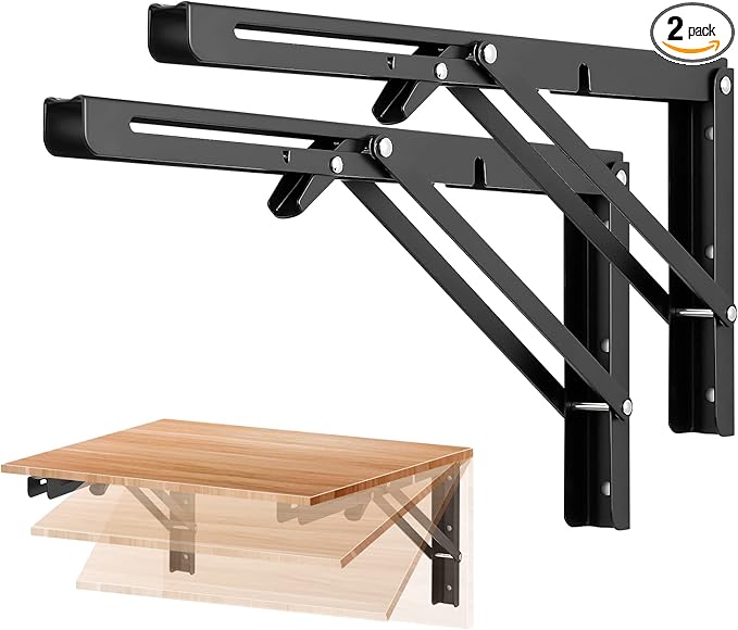 Ravinte Matte Black Folding Shelf Brackets, 14 Inch, 2 Pack | Collapsible Bracket Design, Table And Bench Support, Space-Saving Shelf Setup, For Worktops, Laundry Rooms, Garage Projects