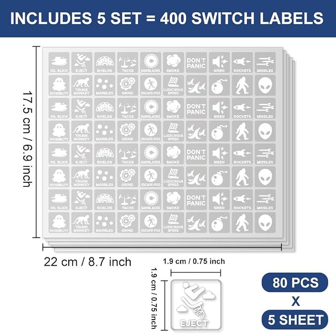 400 Pcs Car Switch Panel Stickers, 20 Designs Auto Switch ID Label Decals Fun Car Button Icon Black Dash Board Label Decals for Boat Truck