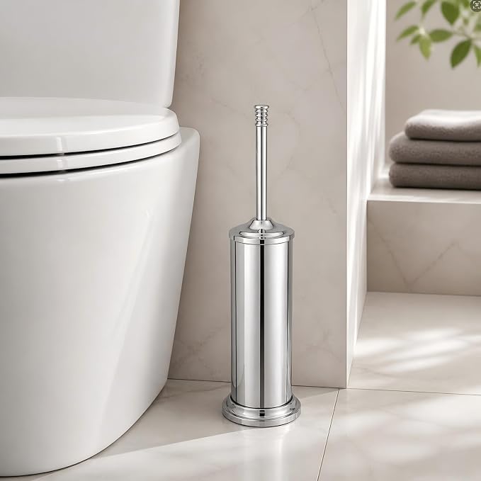 Chrome Toilet Brush and Holder Set，Extra Long Handled Toilet Bowl Brush and Holder，Stainless Steel Heavy Duty Toilet Brush for Bathroom,Deep Cleaning Modern Toilet Cleaner Slip Base