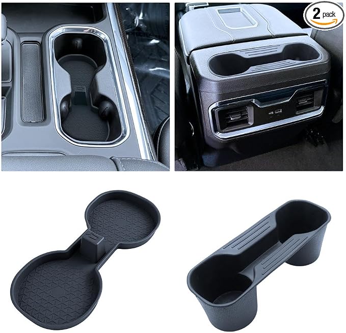For 2PCS Center Console&Armrest Cup Holder Inserts Compatible with Refreshed Models 2022-2026 Chevy Silverado& GMC Sierra 1500 - Full Console w/Bucket Seats Only