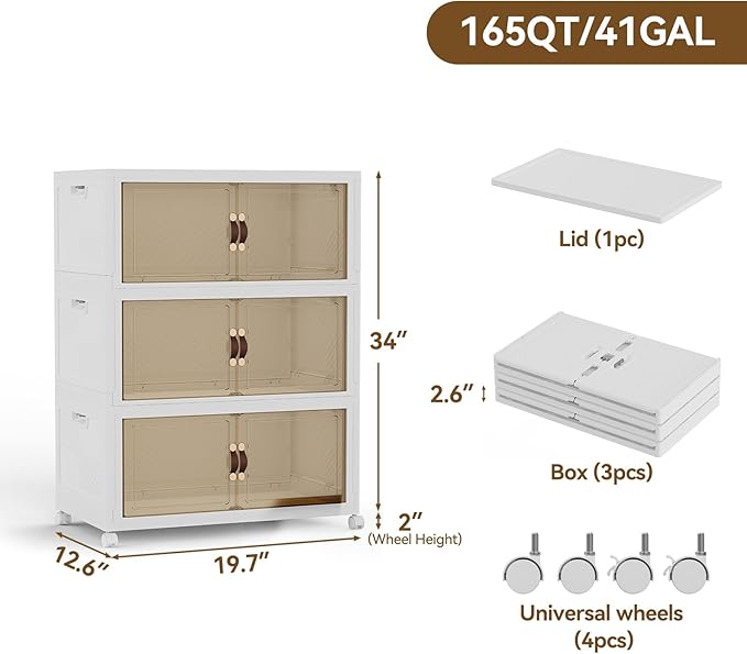SAILUN 146QT/36Gal Stackable Storage Bins with a Lid, Collapsible Storage Bins With Doors, Folding Cabinet for Home Closet Organization,3 Pack-19.7" W x 12.6" D x 34" H White
