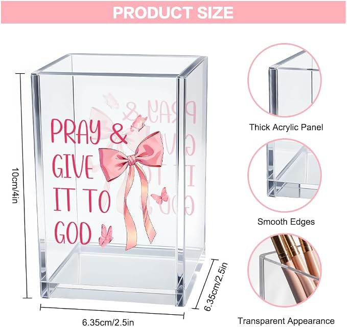 Pray & Give It To God Girly Acrylic Cosmetic Pencil Pen Holder Cup, Coquette Bow Preppy Desk Organizer Accessories for Home Office Decor, Pink Christian Gifts for Women Girl Daughter Coworker
