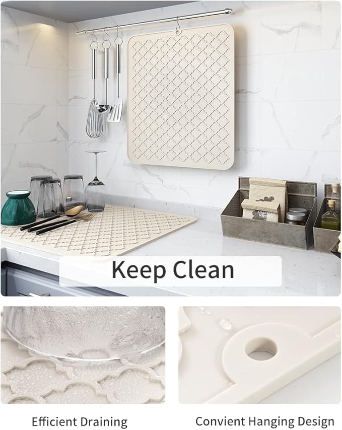 AMOAMI-Dish Drying Mats for Kitchen Counter-Silicone Dish Drying Mat-Kitchen Dish Drying Pad Heat Resistant Mat-Kitchen Gadgets Kitchen Accessories Kitchen Small Appliances(16" x 24", BEIGE)
