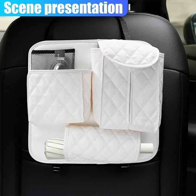 YoRise Leather Car Seat Back Organizer, Multifunctional Hanging Automotive Storage Bag with 2 Hooks, Car Seat Travel Bag for Tissue, Phone, Handbag, Bottle, Umbrella, Snack (White)