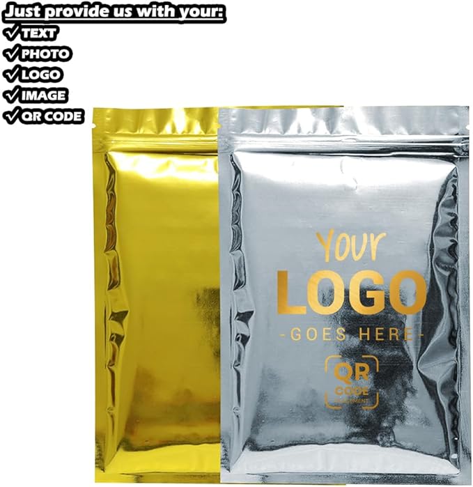 100PCS Customized Resealable Mylar Bag Foil Flat Packaging Bag with Tear Notch,Single-Color Printing for LOGO,QR Code,Text (Silver, 10 * 15CM/4.0"*6.0"-100PCS-One Color Print)