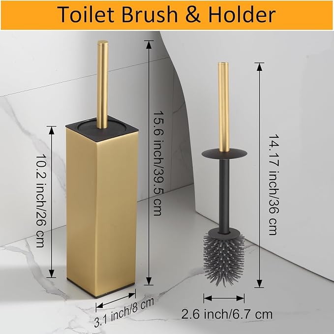 BGL Standing Toilet Brush and Holder Brushed Gold Aluminium Toilet Bowl Cleaner Brush and Holder for Bathroom Storage and Organization, Square Design Sturdy and Space Saving