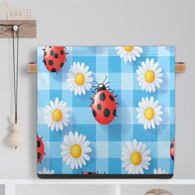 TropicalLife Flower Ladybugs Checkered Storage Cube, 13 Inch Fabric Cube Storage Organizer Bin for Shelves Clothes, Decorative Foldable Storage Boxes